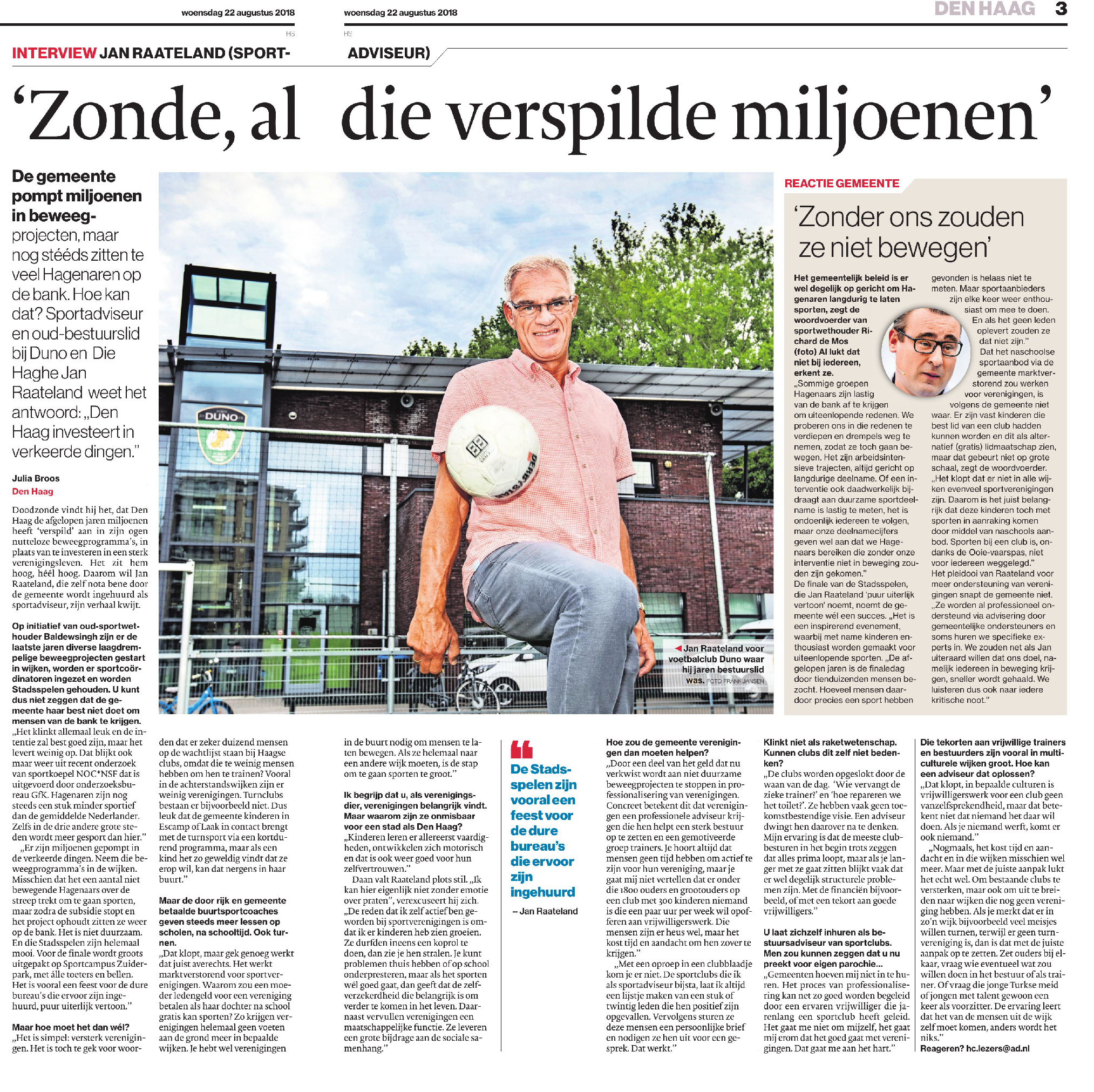 artikel HC Zonde al die verspilde miljoenen Artikel Haagsche Courant 22 aug. 2018 Jan Raateland sportadviseur